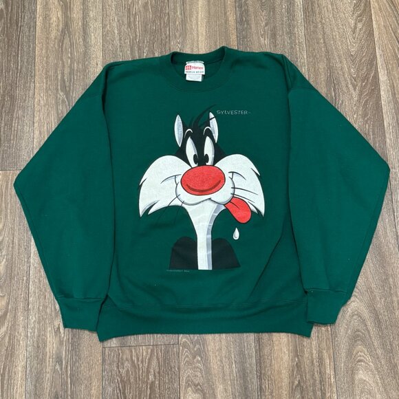 VTG Sylvester the Cat Sweatshirt Men's XL Green Looney Tunes Crewneck 90s Hanes - Picture 1 of 9